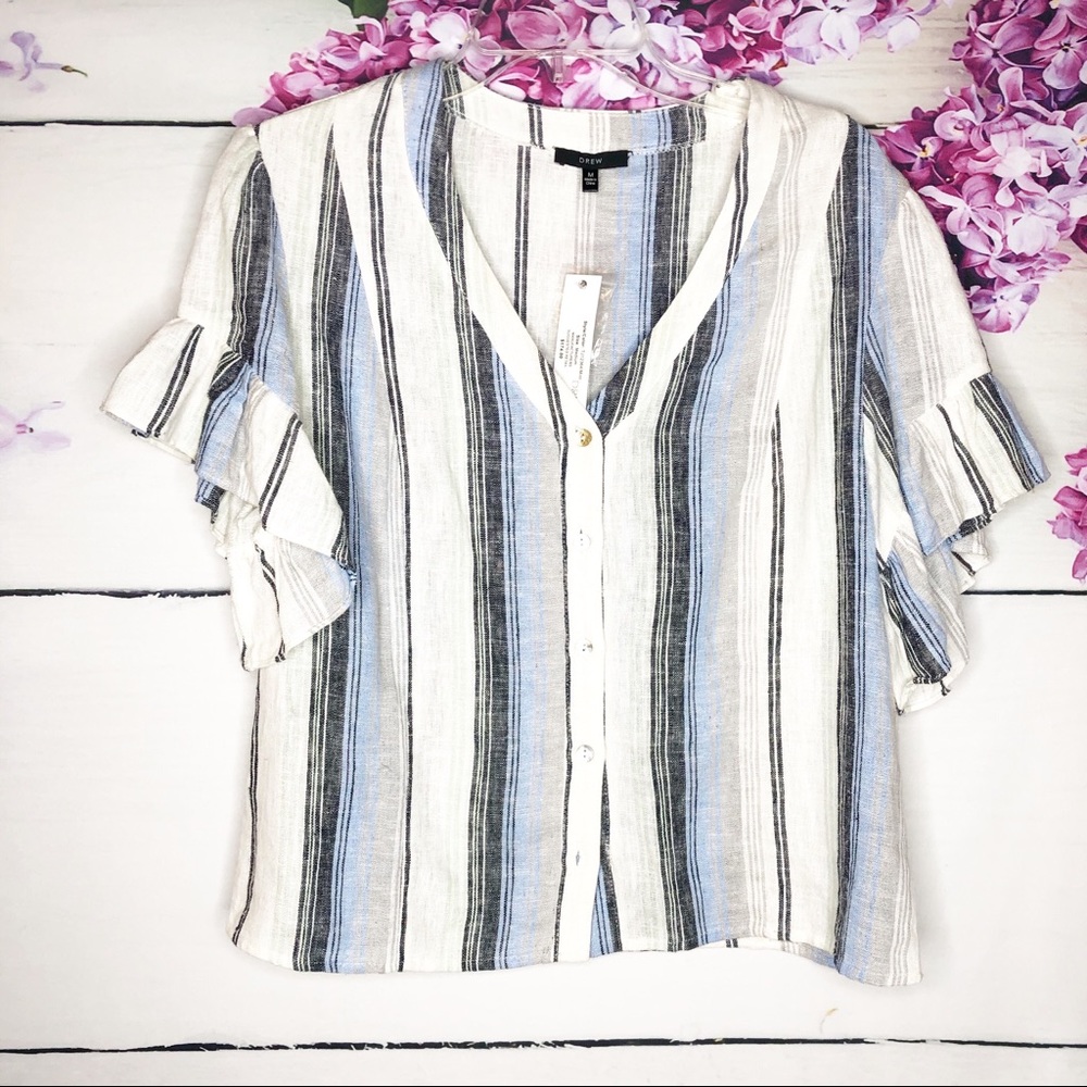 DREW | Striped Flutter Sleeve Button Up Blouse